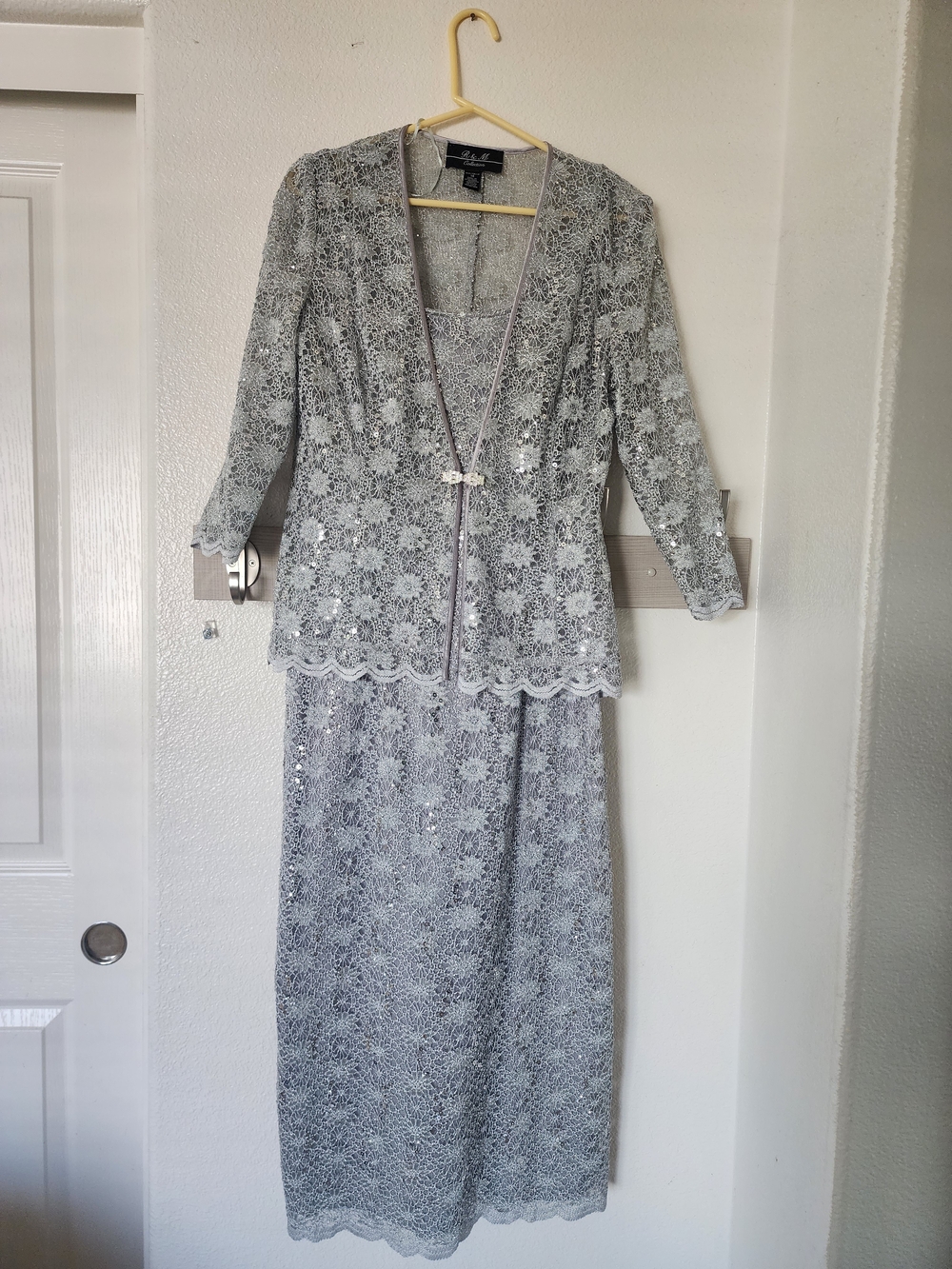 R&M Collection Silver Lace Sequin Formal Dress Jacket Set 14
